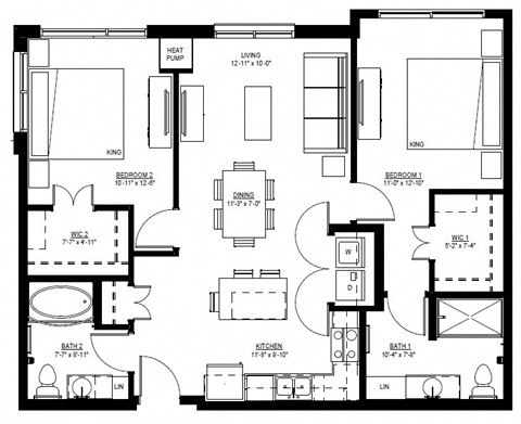 Floor plan for 2 beds, 2 baths, 1056 sqft